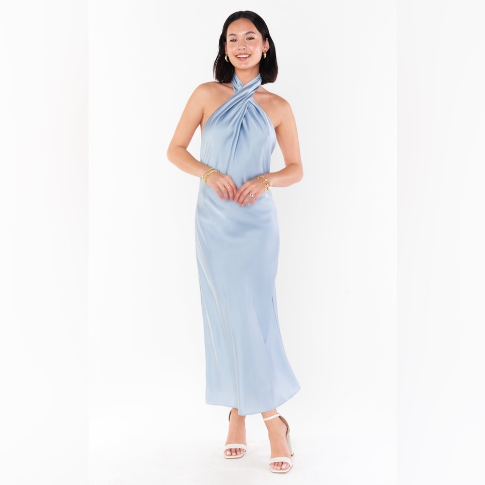 Show Me Your Mumu Jasmine Halter Midi in Steel Blue Luxe Satin size Small